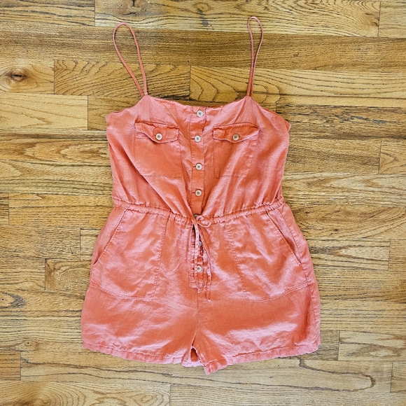 Mango Size XL 100% Linen Romper Orange Tie Waist Utility Pockets Tank Buttons - Picture 3 of 8